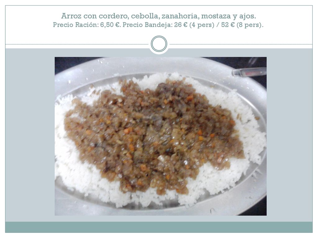 Arroz con cordero, cebolla, zanahoria, mostaza y ajos
