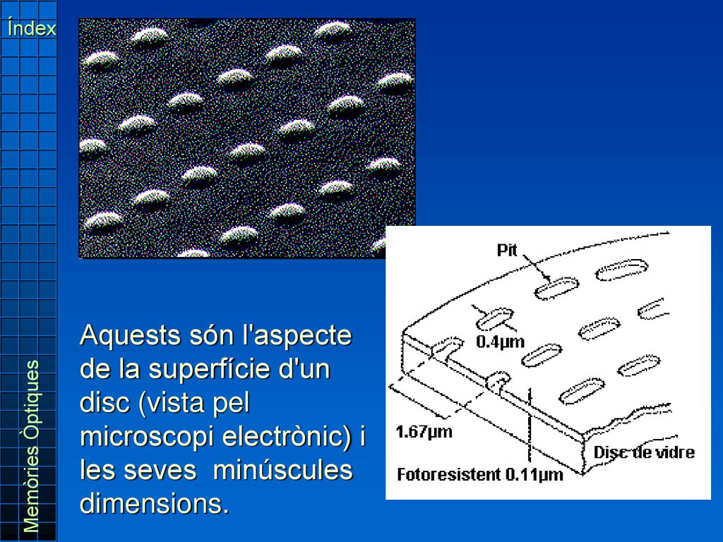 Índex Aquests són l aspecte de la superfície d un disc (vista pel microscopi electrònic) i les seves minúscules dimensions.