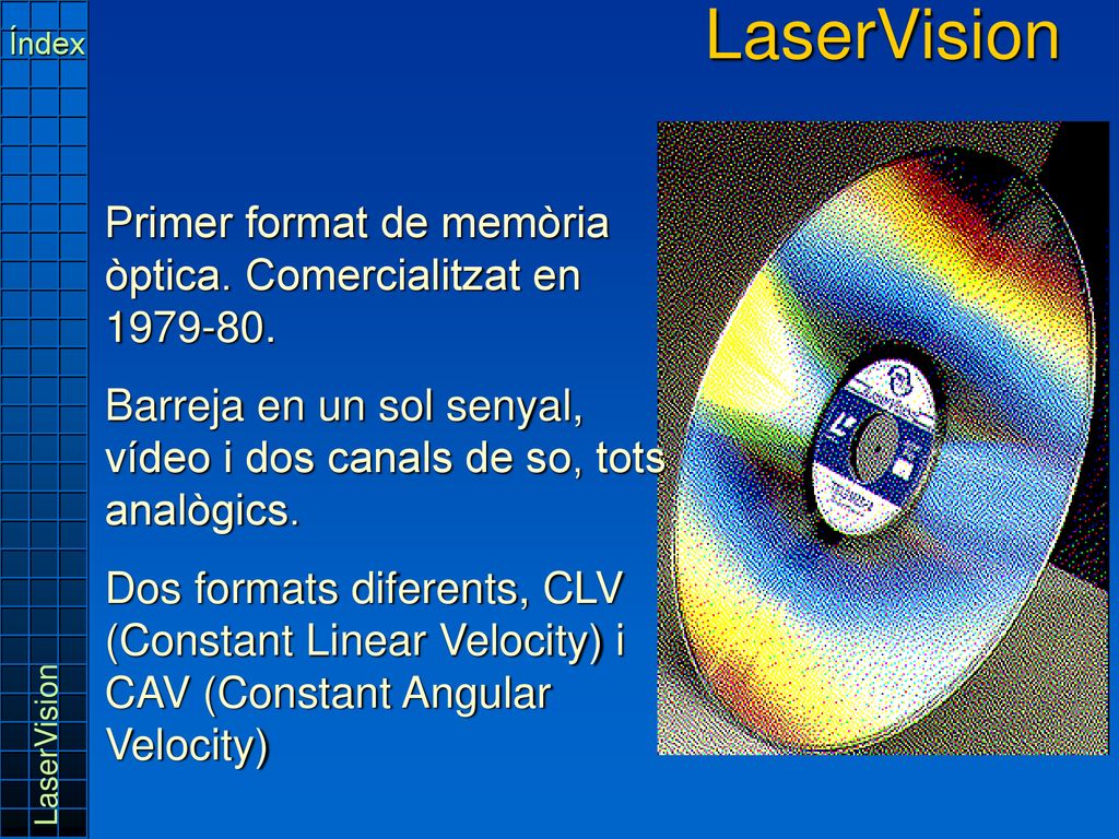 LaserVision Índex. Primer format de memòria òptica. Comercialitzat en Barreja en un sol senyal, vídeo i dos canals de so, tots analògics.