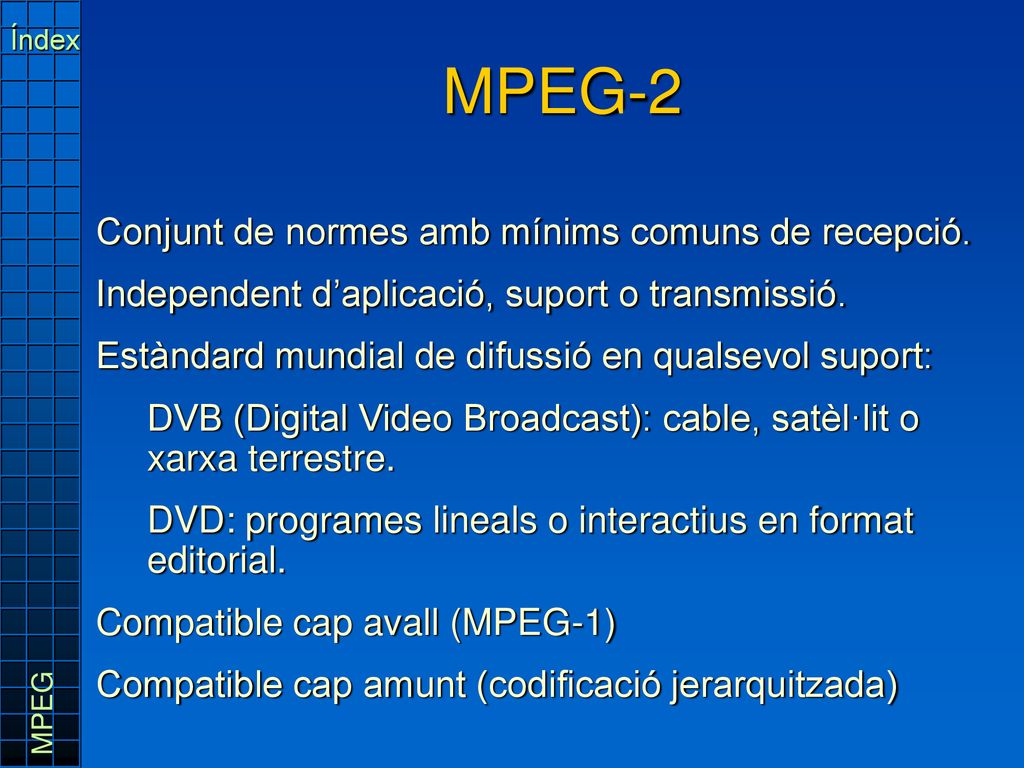 MPEG-2 Conjunt de normes amb mínims comuns de recepció.