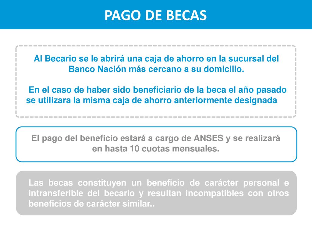 PAGO DE BECAS Al Becario se le abrirá una caja de ahorro en la sucursal del Banco Nación más cercano a su domicilio.