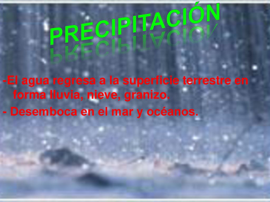 Precipitación -El agua regresa a la superficie terrestre en forma lluvia, nieve, granizo.