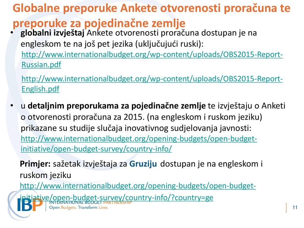 Globalne preporuke Ankete otvorenosti proračuna te preporuke za pojedinačne zemlje