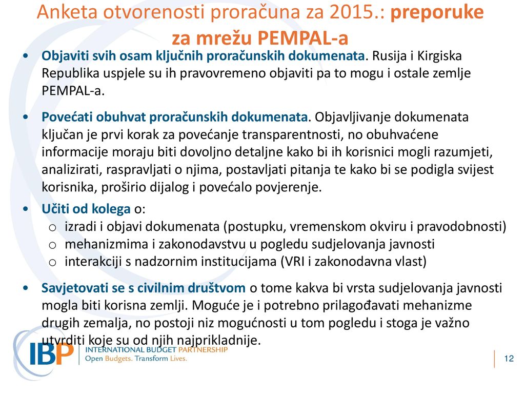 Anketa otvorenosti proračuna za 2015.: preporuke za mrežu PEMPAL-a