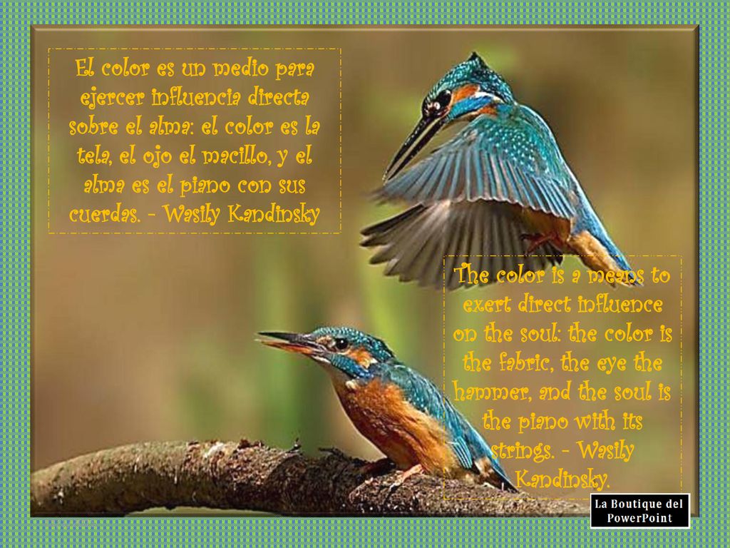 El color es un medio para ejercer influencia directa sobre el alma: el color es la tela, el ojo el macillo, y el alma es el piano con sus cuerdas. - Wasily Kandinsky