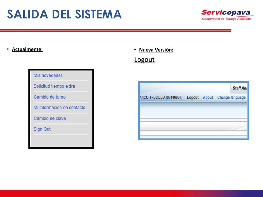 SALIDA DEL SISTEMA Actualmente: Nueva Versión: Logout