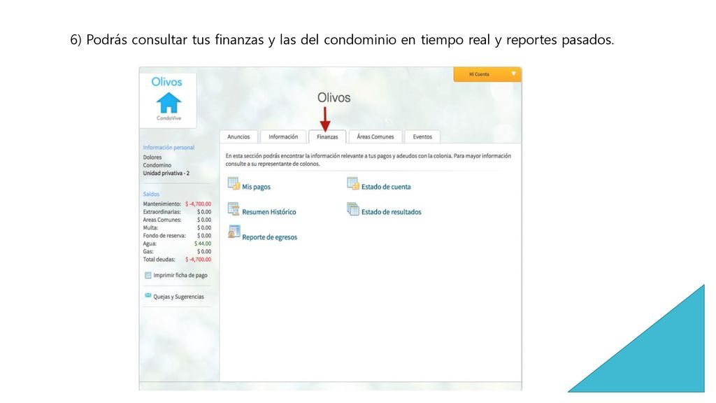 6) Podrás consultar tus finanzas y las del condominio en tiempo real y reportes pasados.