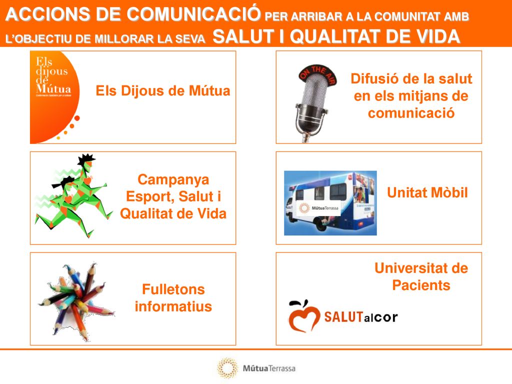 ACCIONS DE COMUNICACIÓ PER ARRIBAR A LA COMUNITAT AMB L’OBJECTIU DE MILLORAR LA SEVA SALUT I QUALITAT DE VIDA