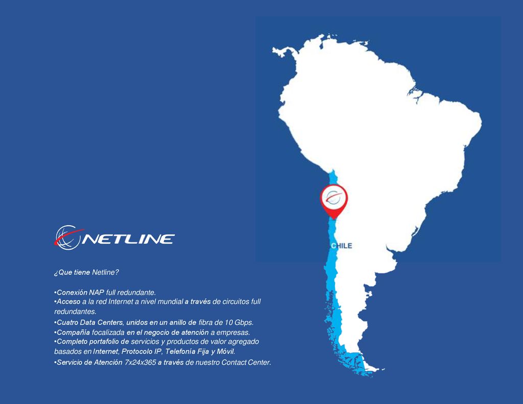 Perú CHILE. ¿Que tiene Netline •Conexión NAP full redundante. •Acceso a la red Internet a nivel mundial a través de circuitos full redundantes.