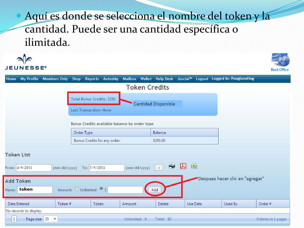 Aquí es donde se selecciona el nombre del token y la cantidad