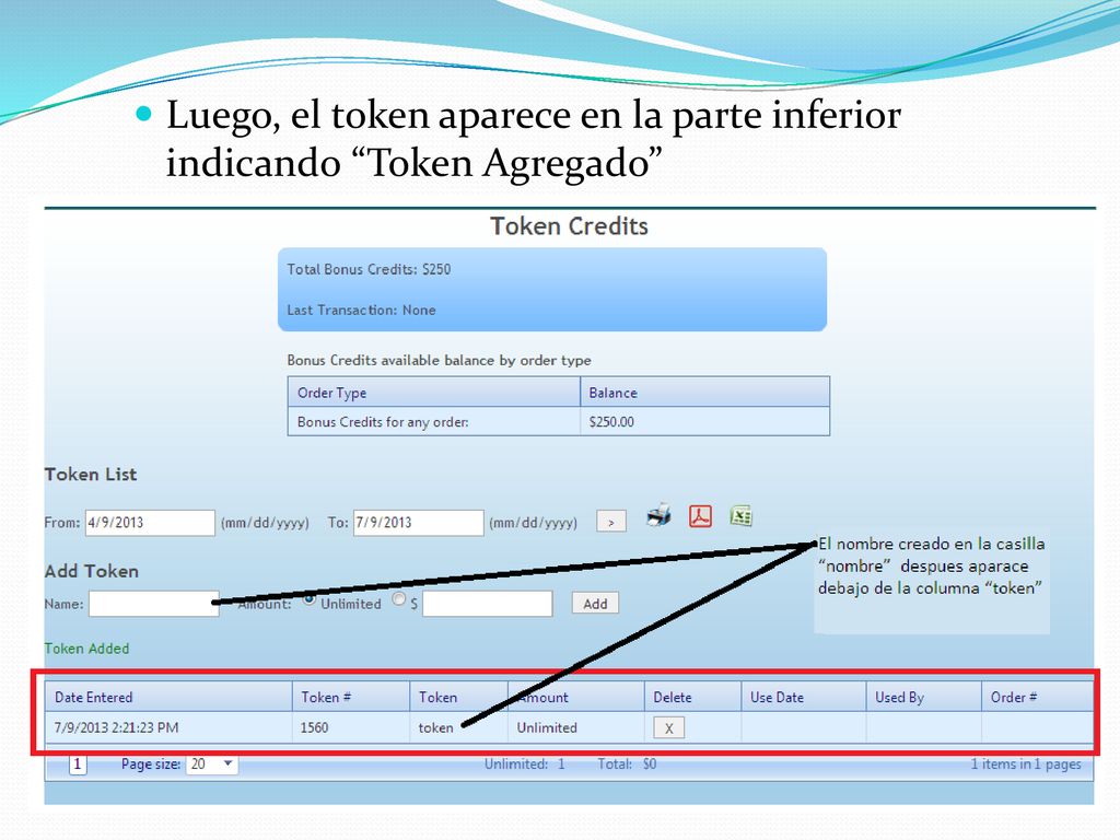 Luego, el token aparece en la parte inferior indicando Token Agregado
