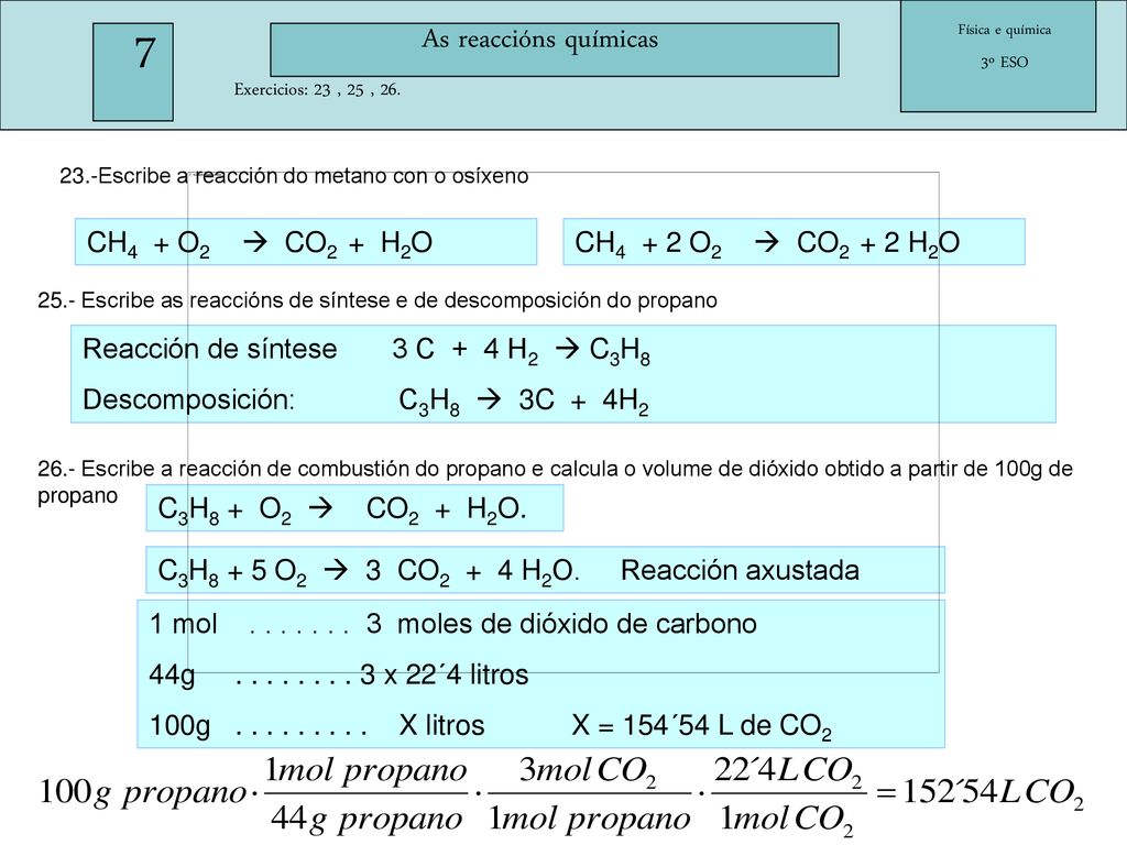 7 As reaccións químicas CH4 + O2  CO2 + H2O CH4 + 2 O2  CO2 + 2 H2O