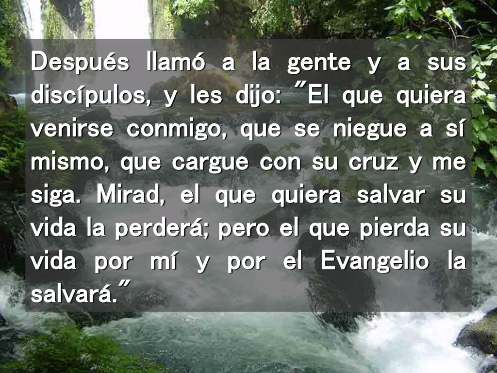 Después llamó a la gente y a sus discípulos, y les dijo: El que quiera venirse conmigo, que se niegue a sí mismo, que cargue con su cruz y me siga.