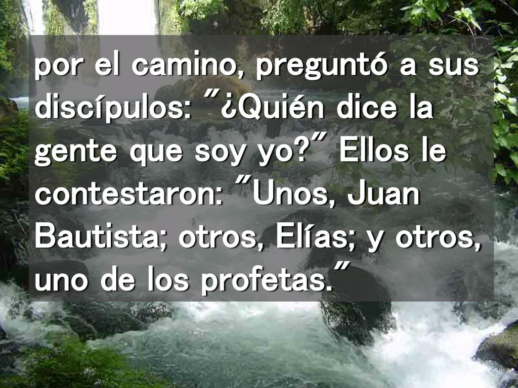 por el camino, preguntó a sus discípulos: ¿Quién dice la gente que soy yo Ellos le contestaron: Unos, Juan Bautista; otros, Elías; y otros, uno de los profetas.