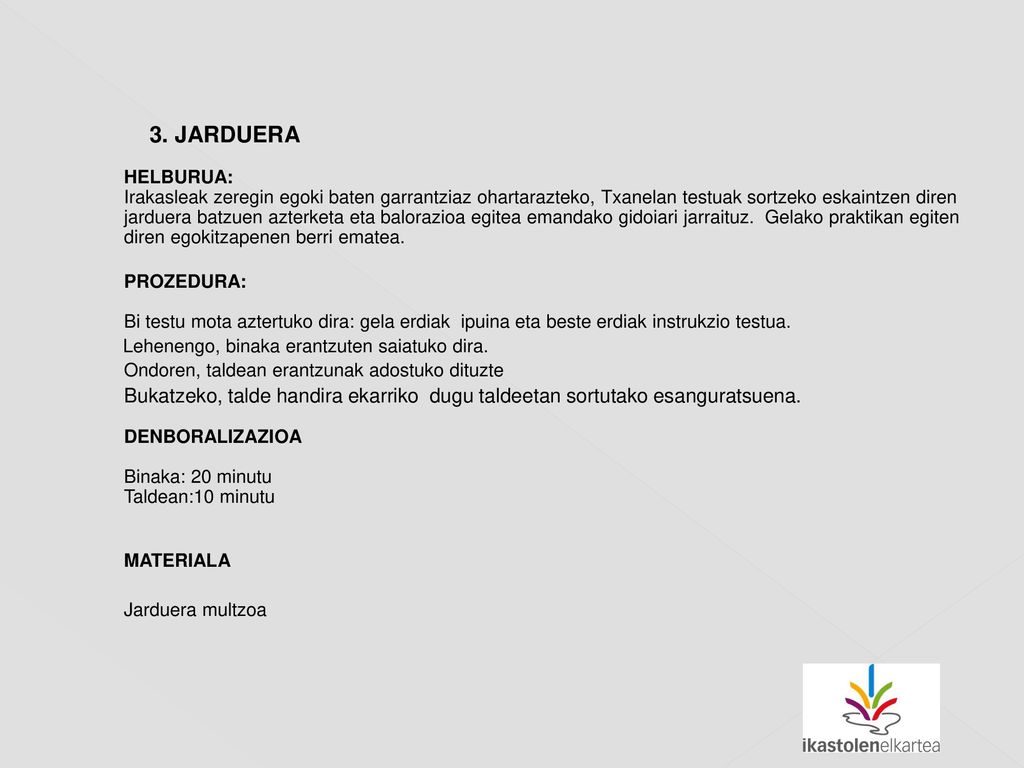 3. JARDUERA HELBURUA: Irakasleak zeregin egoki baten garrantziaz ohartarazteko, Txanelan testuak sortzeko eskaintzen diren jarduera batzuen azterketa eta balorazioa egitea emandako gidoiari jarraituz. Gelako praktikan egiten diren egokitzapenen berri ematea.