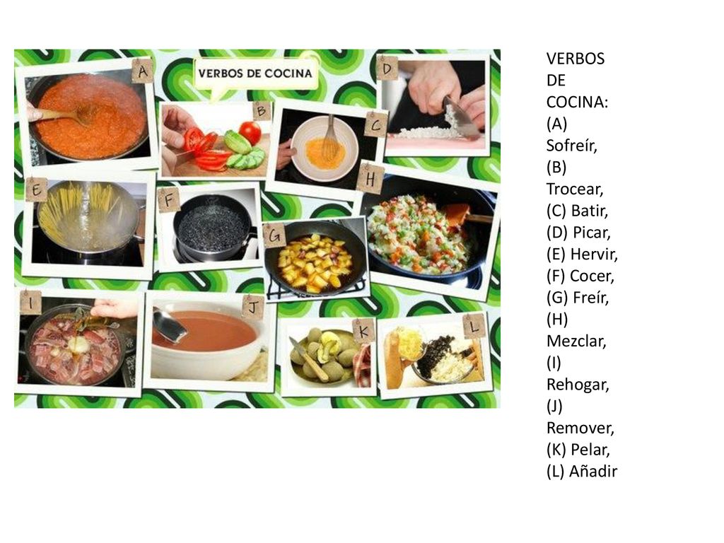 VERBOS DE COCINA: (A) Sofreír, (B) Trocear, (C) Batir, (D) Picar, (E) Hervir, (F) Cocer, (G) Freír, (H) Mezclar, (I) Rehogar, (J) Remover, (K) Pelar, (L) Añadir