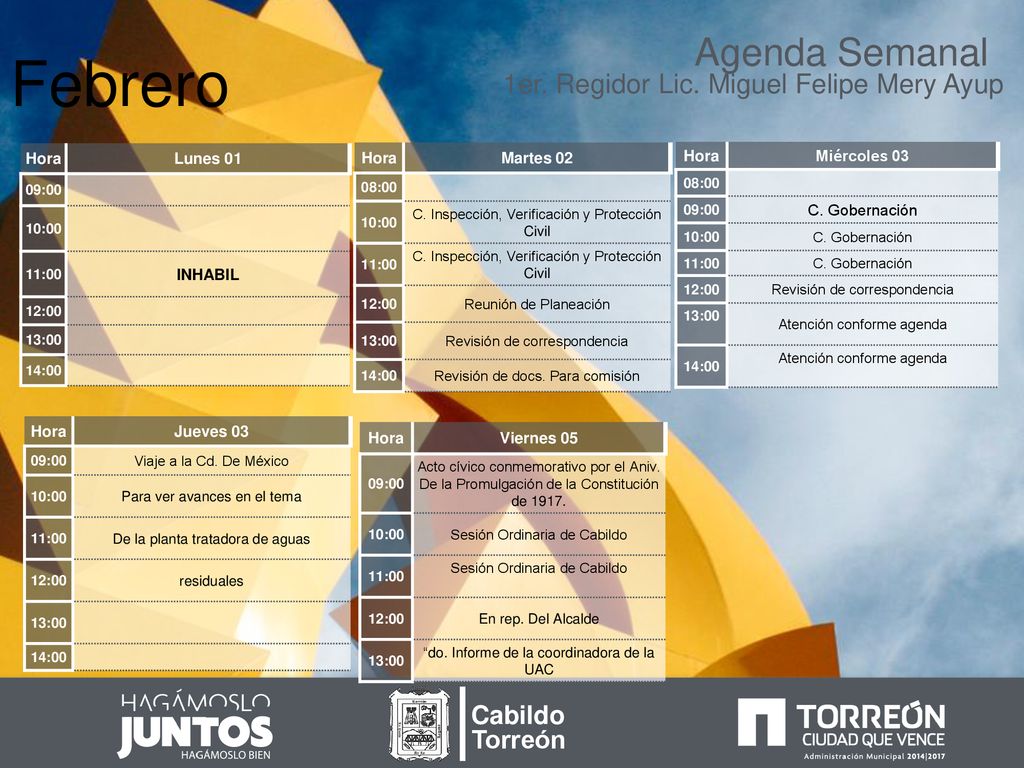 Febrero Agenda Semanal 1er. Regidor Lic. Miguel Felipe Mery Ayup