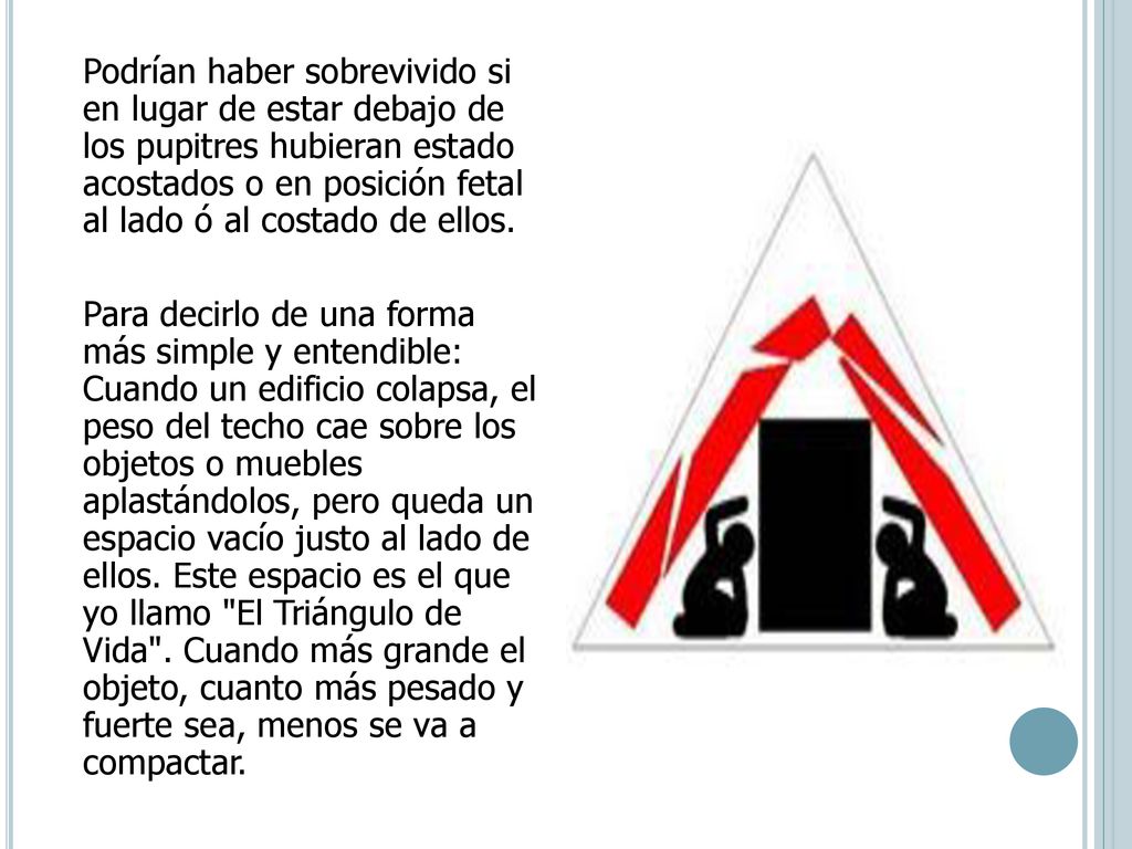 Podrían haber sobrevivido si en lugar de estar debajo de los pupitres hubieran estado acostados o en posición fetal al lado ó al costado de ellos.