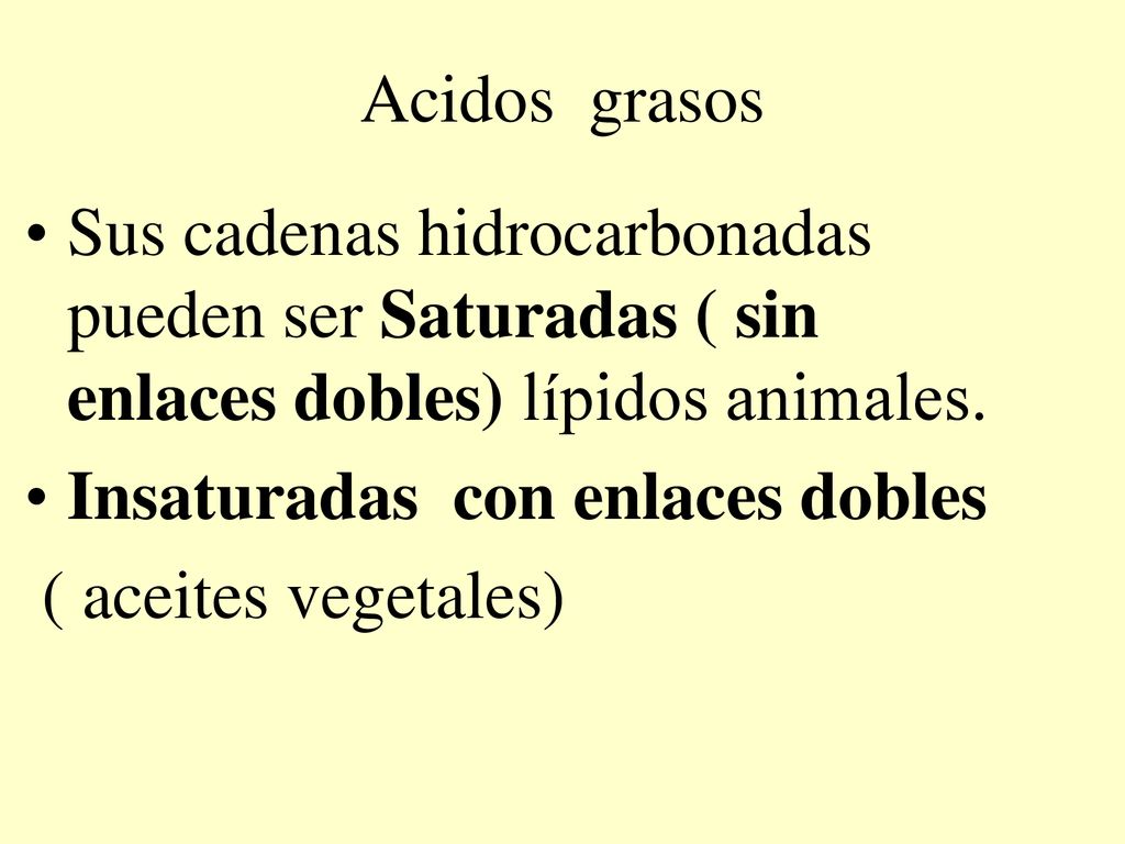 Acidos grasos Sus cadenas hidrocarbonadas pueden ser Saturadas ( sin enlaces dobles) lípidos animales.