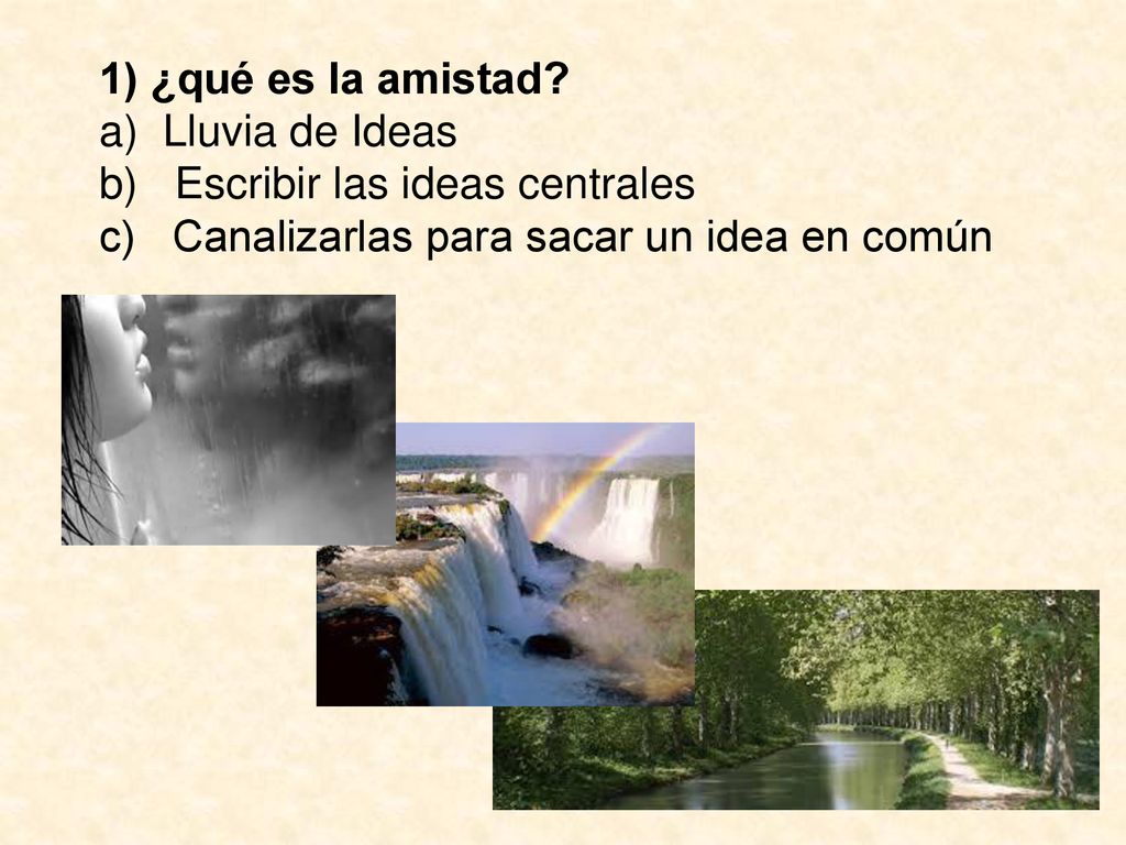 1) ¿qué es la amistad. Lluvia de Ideas. b) Escribir las ideas centrales.