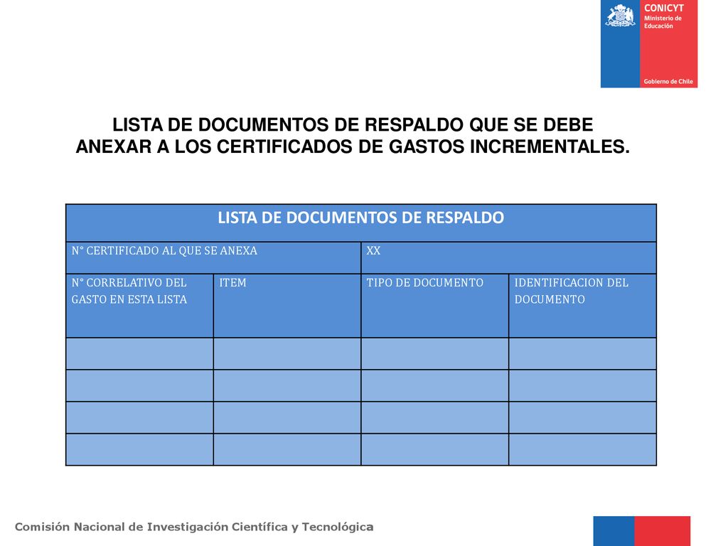 LISTA DE DOCUMENTOS DE RESPALDO
