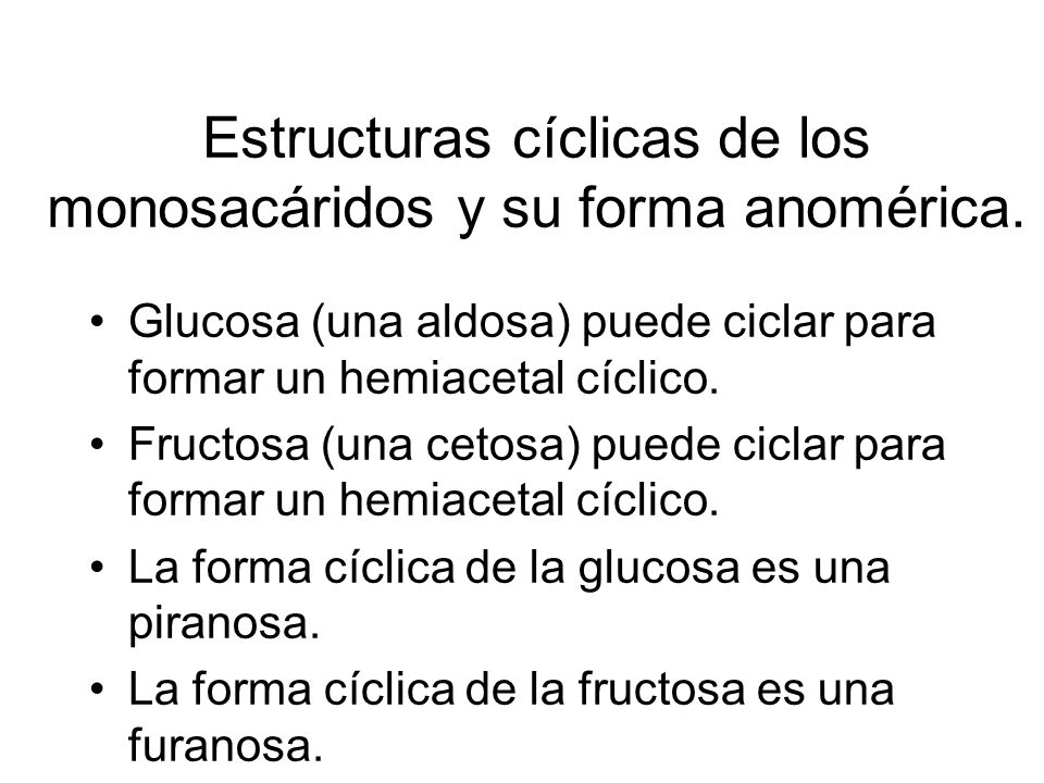 Estructuras cíclicas de los monosacáridos y su forma anomérica.
