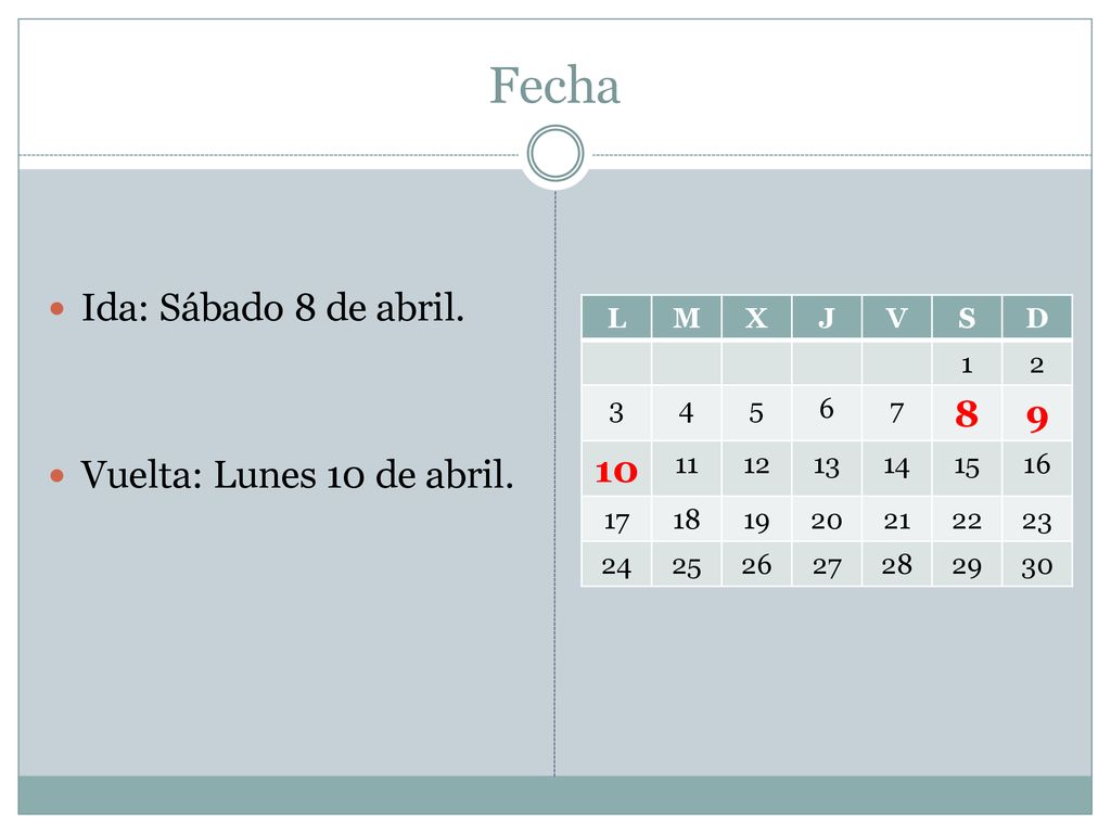 Fecha Ida: Sábado 8 de abril. Vuelta: Lunes 10 de abril L M X