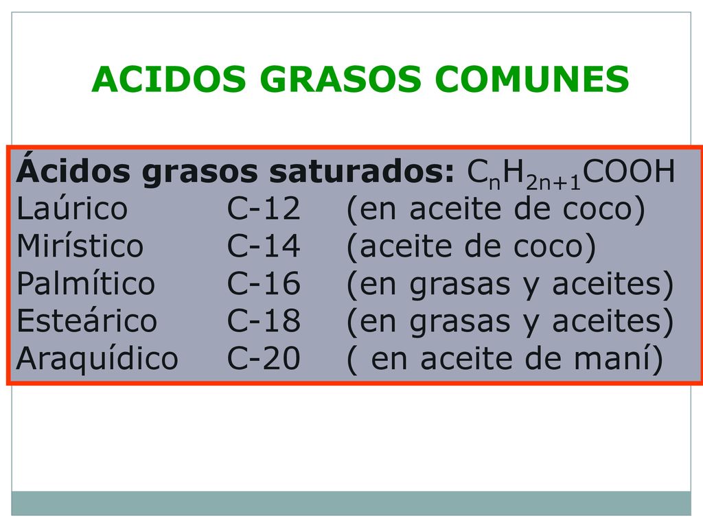 ACIDOS GRASOS COMUNES Ácidos grasos saturados: CnH2n+1COOH