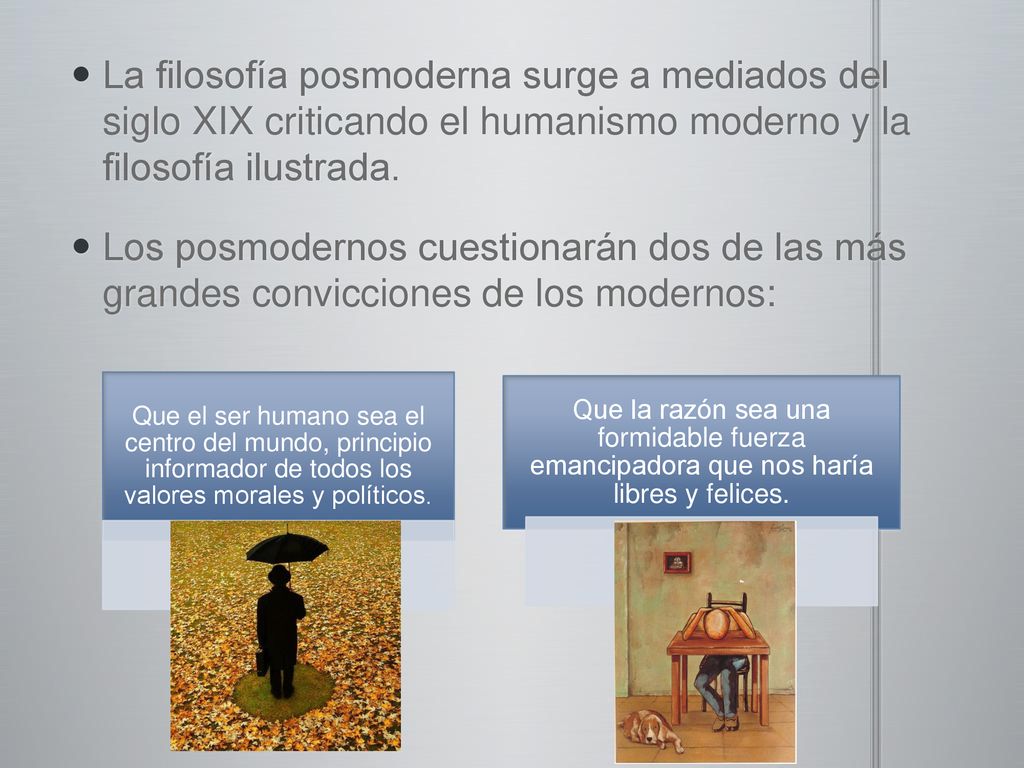 La filosofía posmoderna surge a mediados del siglo XIX criticando el humanismo moderno y la filosofía ilustrada.