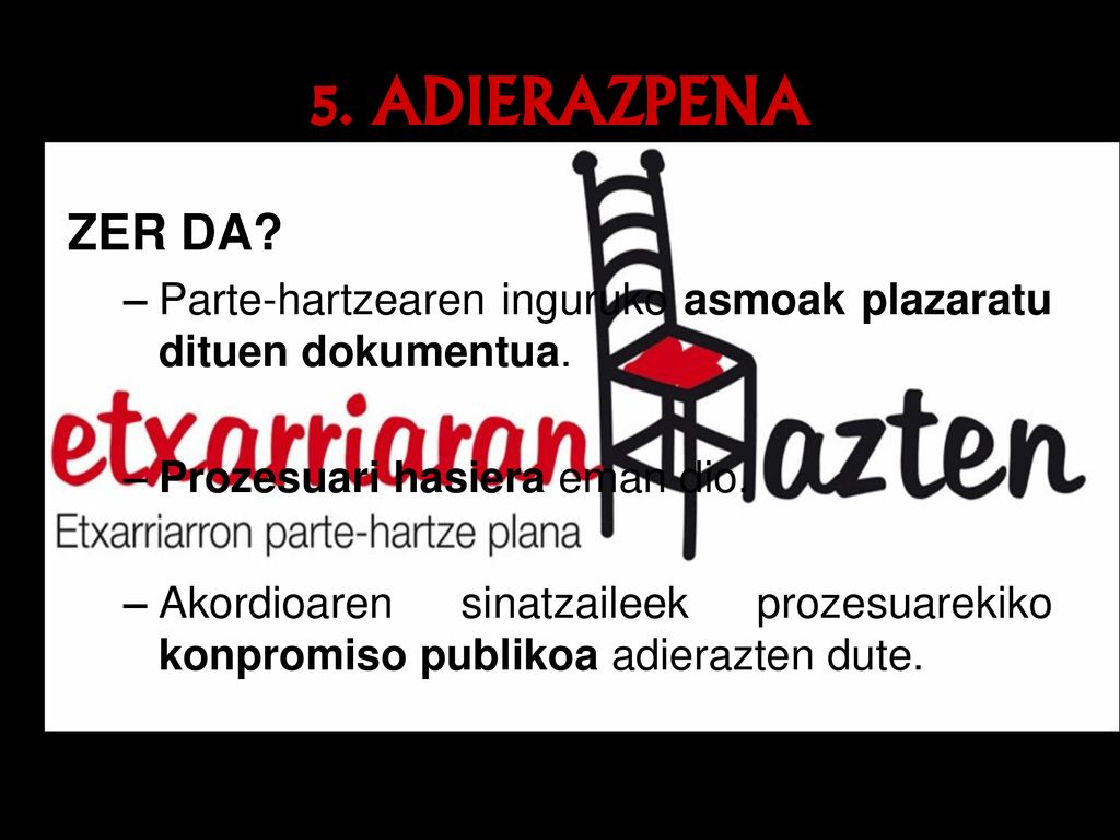 5. ADIERAZPENA ZER DA Parte-hartzearen inguruko asmoak plazaratu dituen dokumentua. Prozesuari hasiera eman dio.
