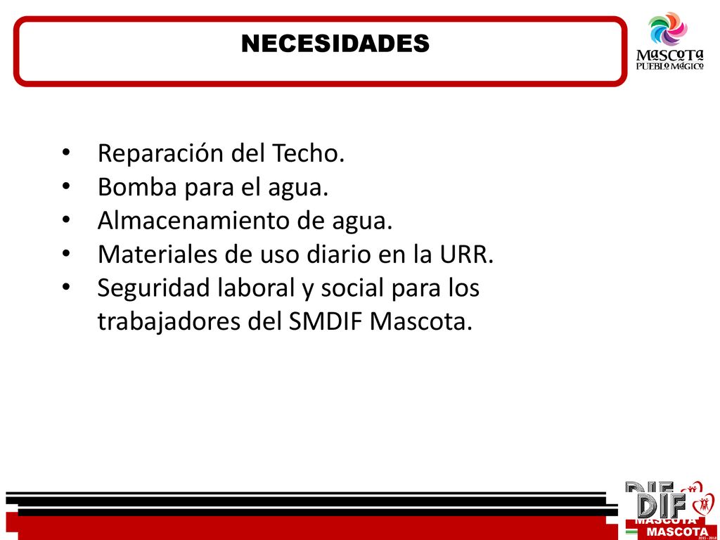 Almacenamiento de agua. Materiales de uso diario en la URR.