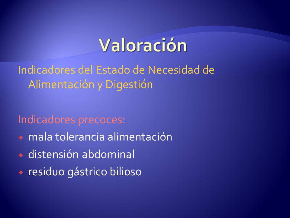 Valoración Indicadores del Estado de Necesidad de Alimentación y Digestión. Indicadores precoces: mala tolerancia alimentación.