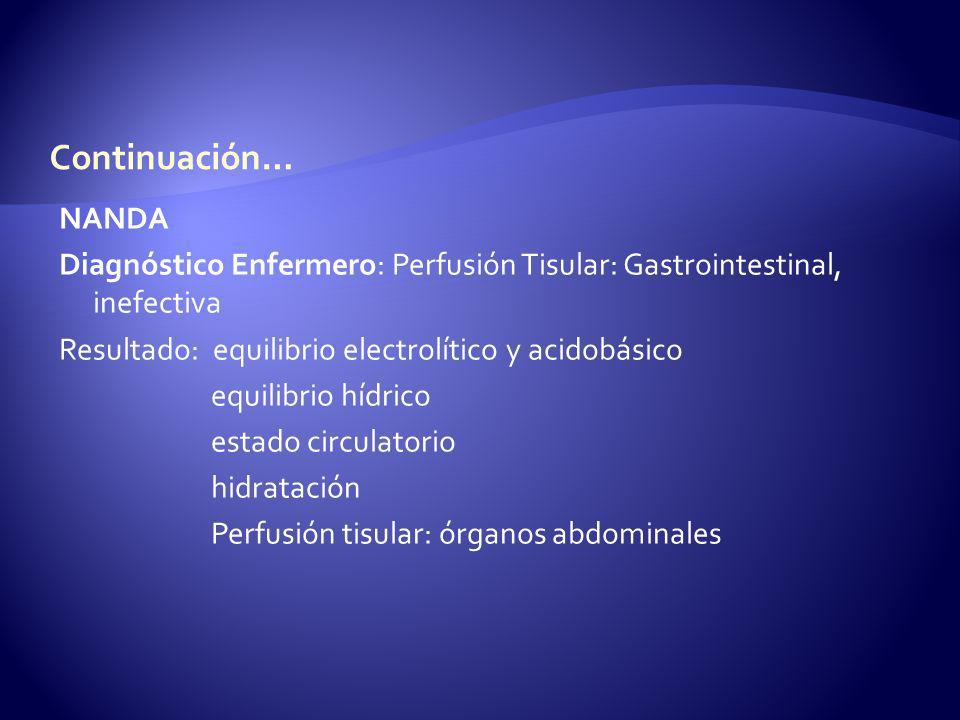 Continuación… NANDA. Diagnóstico Enfermero: Perfusión Tisular: Gastrointestinal, inefectiva. Resultado: equilibrio electrolítico y acidobásico.
