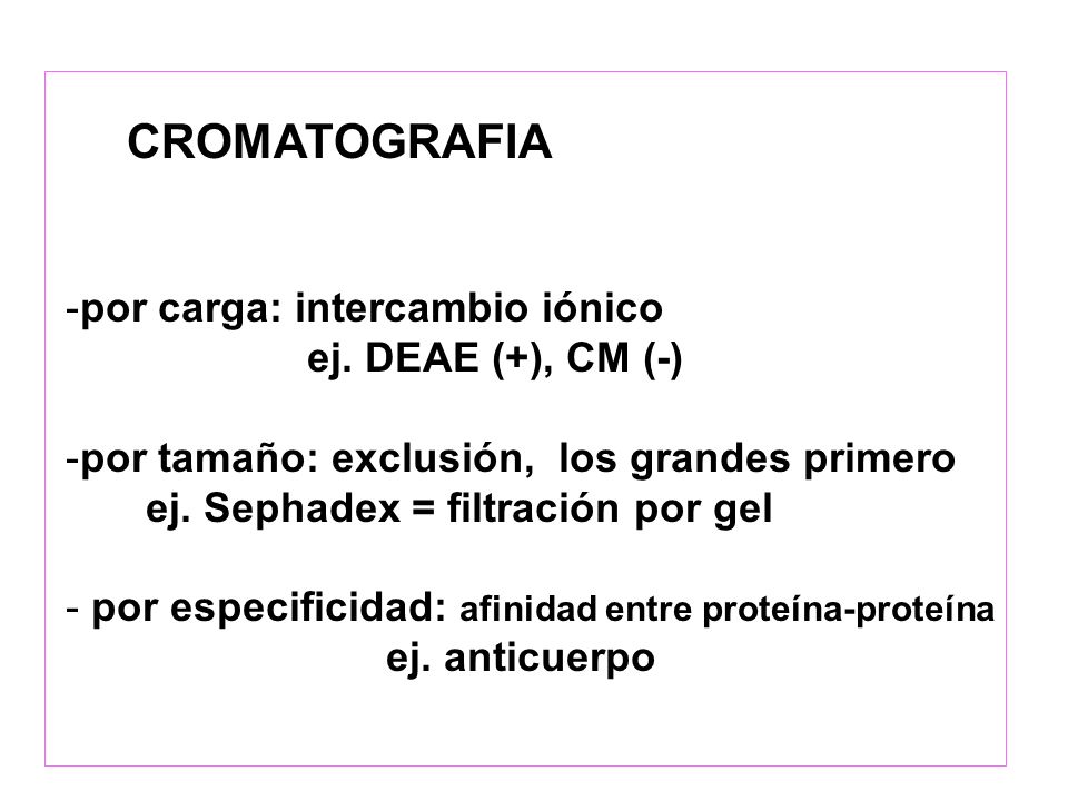 CROMATOGRAFIA por carga: intercambio iónico ej. DEAE (+), CM (-)