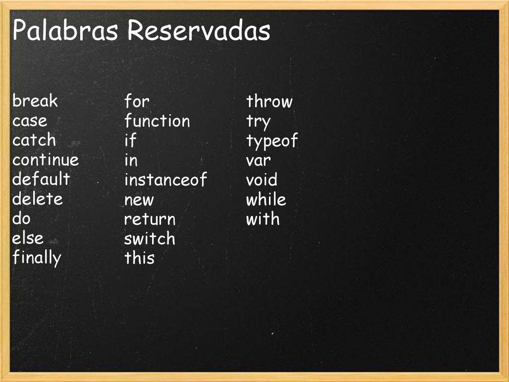 Palabras Reservadas break case catch continue default delete do else