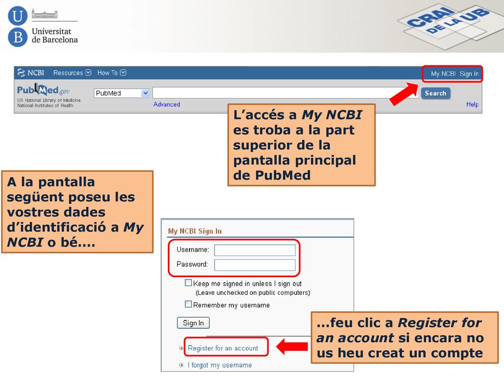 L’accés a My NCBI es troba a la part superior de la pantalla principal de PubMed