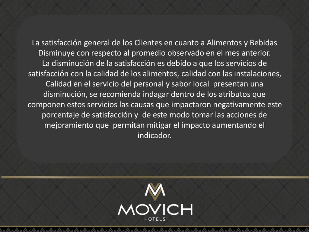 La satisfacción general de los Clientes en cuanto a Alimentos y Bebidas Disminuye con respecto al promedio observado en el mes anterior.