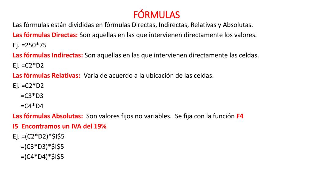 FÓRMULAS Las fórmulas están divididas en fórmulas Directas, Indirectas, Relativas y Absolutas.