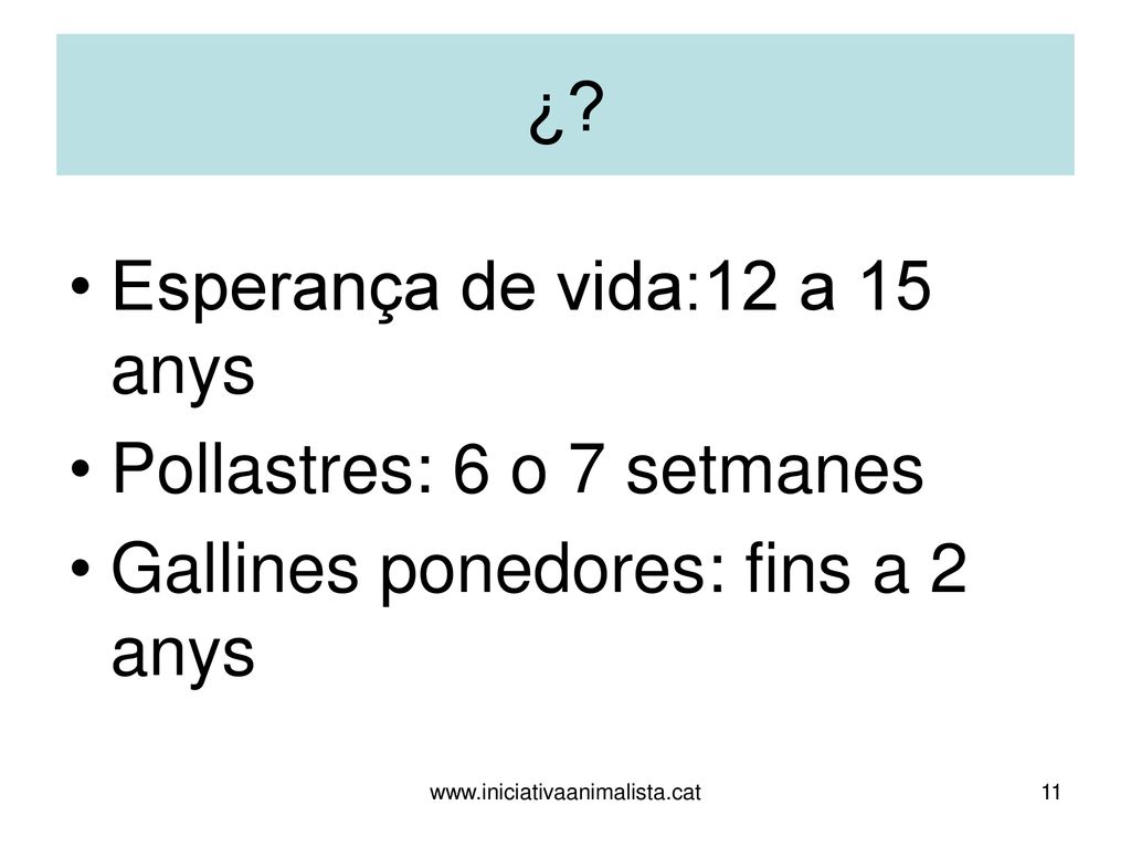 Esperança de vida:12 a 15 anys Pollastres: 6 o 7 setmanes