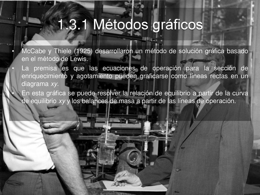 1.3.1 Métodos gráficos McCabe y Thiele (1925) desarrollaron un método de solución gráfica basado en el método de Lewis.