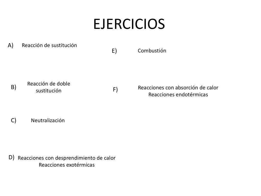 EJERCICIOS A) E) B) F) C) D) Reacción de sustitución Combustión