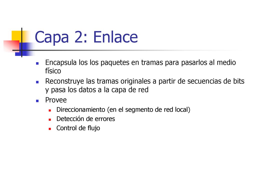 Capa 2: Enlace Encapsula los los paquetes en tramas para pasarlos al medio físico.