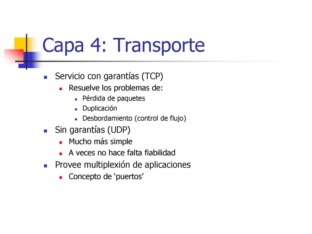 Capa 4: Transporte Servicio con garantías (TCP) Sin garantías (UDP)
