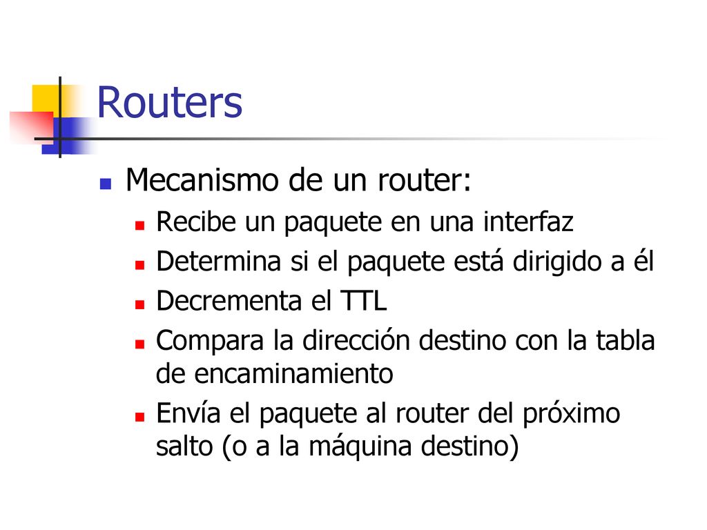 Routers Mecanismo de un router: Recibe un paquete en una interfaz
