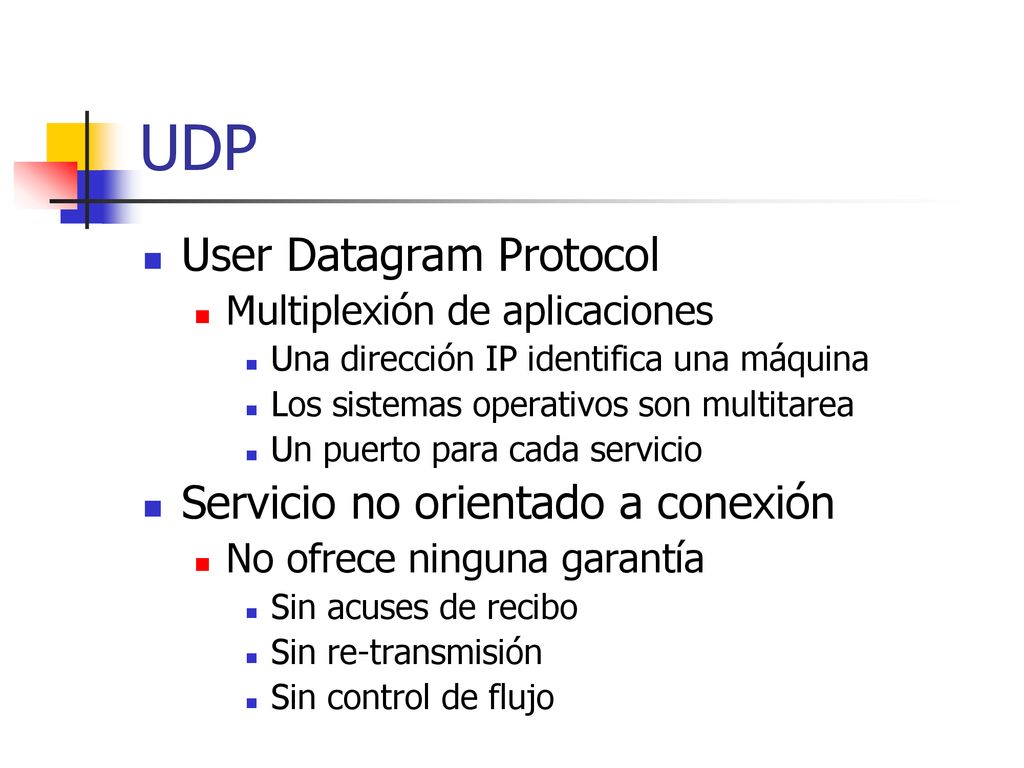 UDP User Datagram Protocol Servicio no orientado a conexión