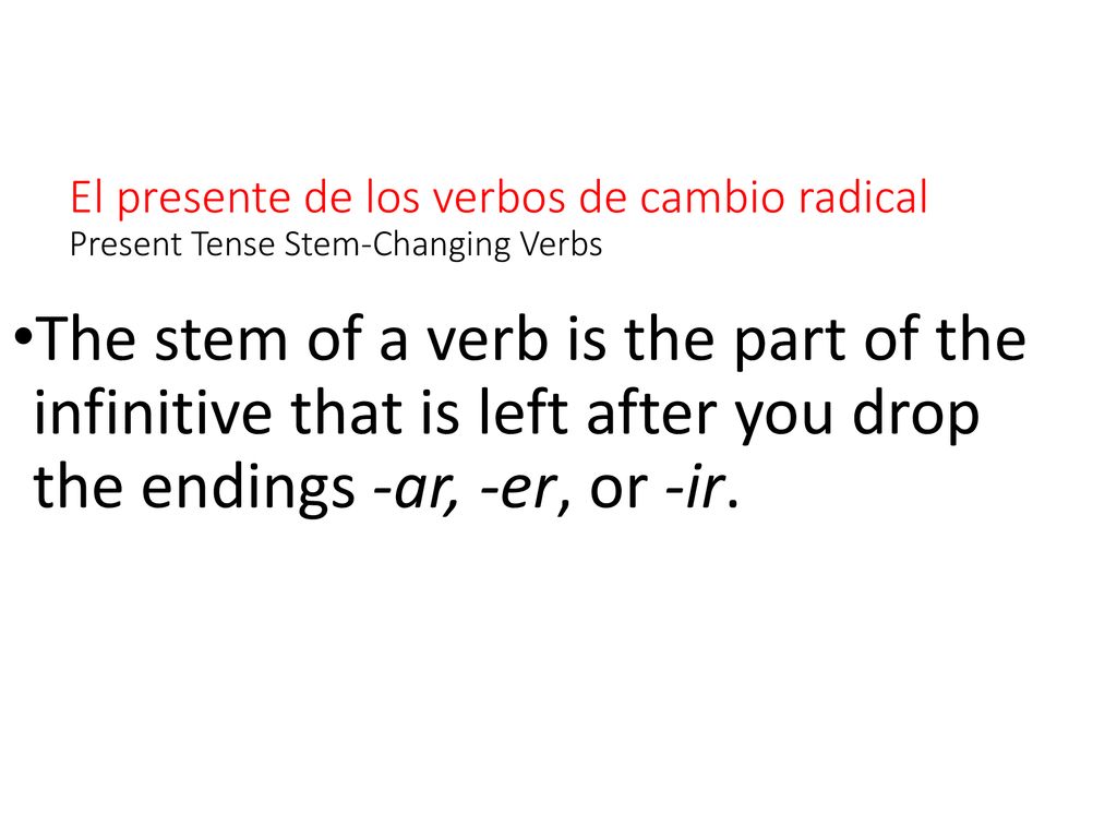 El presente de los verbos de cambio radical Present Tense Stem-Changing Verbs