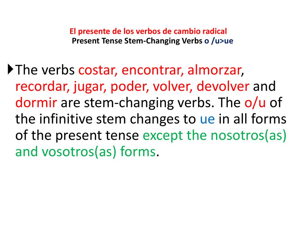 El presente de los verbos de cambio radical Present Tense Stem-Changing Verbs o /u>ue