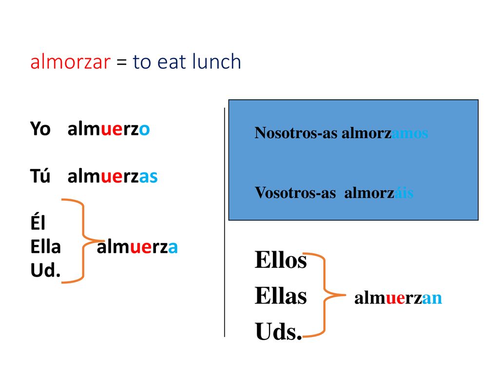 Ellos Ellas almuerzan Uds. almorzar = to eat lunch
