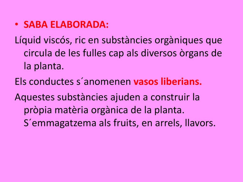SABA ELABORADA: Líquid viscós, ric en substàncies orgàniques que circula de les fulles cap als diversos òrgans de la planta.