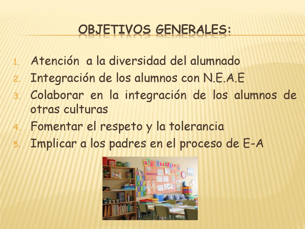 Objetivos generales: Atención a la diversidad del alumnado. Integración de los alumnos con N.E.A.E.